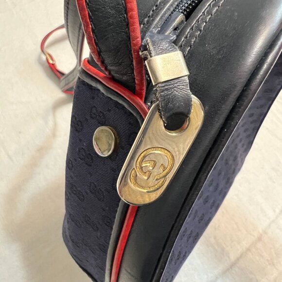 Vintage Gucci GG Monogram Navy Canvas Leather Crossbody Bag Red Trim Logo Italy - Picture 5 of 12